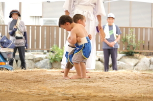 小さな2名の男の子が土俵で相撲をとっている写真