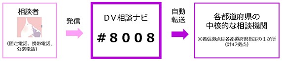 相談者(固定電話、携帯電話、公衆電話)、発信、DV相談ナビ#8008、自動転送、各都道府県の中核的な相談機関、着信拠点は各都道府県指定の1か所(計47拠点)