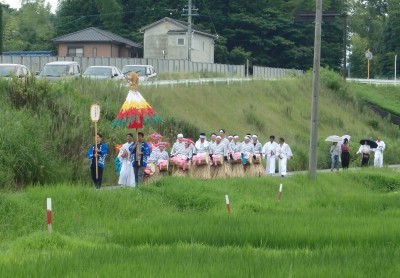 田んぼの畦道を衣装を着た舞い手が列をなして練り歩いている写真