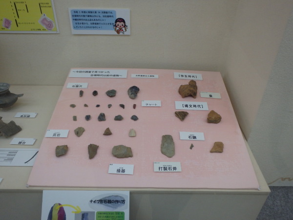 時代別に様々な形のナイフ形石器の石器片などが展示されている写真