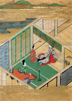 座っている男性と向かい合っている女性が立っている王朝文学の作品の挿絵のイラスト