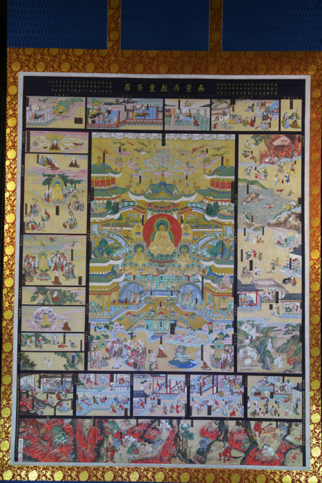 阿弥陀三尊を中心とした極楽の様子が中央に描かれ、 周囲には無常・地獄などの諸相が描かれている無量寿経曼荼羅の掛け軸の写真