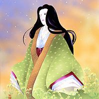 薄い黄色の花の傍に立っている円方女王のイメージイラスト