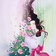 ピンク色の花の傍に立つ井上内親王のイメージイラスト