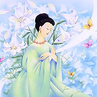 蝶が舞うユリの花をバックに座っている五百野皇女のイメージイラスト