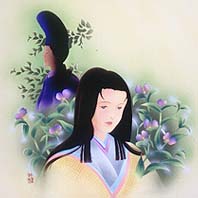 結ばれなかった藤原敦忠と薄紫色の花に纏われた雅子内親王のイメージイラスト