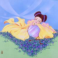 紫色の小さな花畑の上に神鏡を持ち寝そべっている稚足姫皇女のイメージイラスト