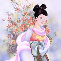 オレンジ色の花をバックに立つ磐隈皇女のイメージイラスト
