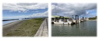 左：短い草が生えている砂浜から海を見渡した写真、右：漁船が並んでいる漁港の写真